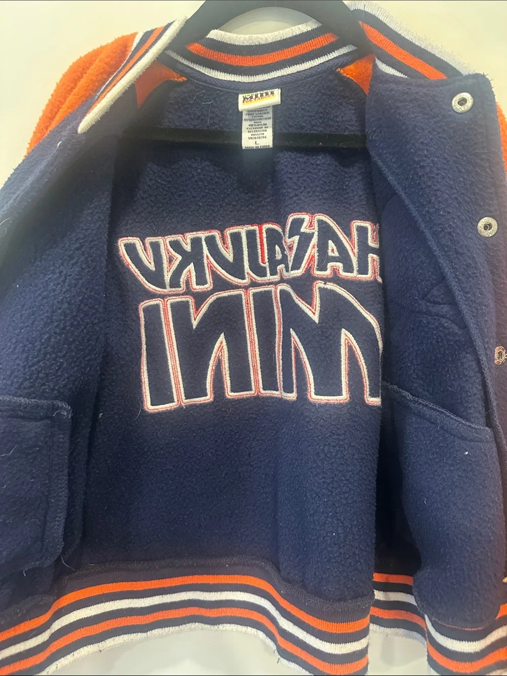 Harajuku Mini Navy and Orange Varsity Jacket with Skull Patch